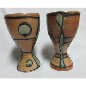 Pair/2 Handmade Geometric Print Pottery Goblets Wine Glass Unique Print 7" x 4"